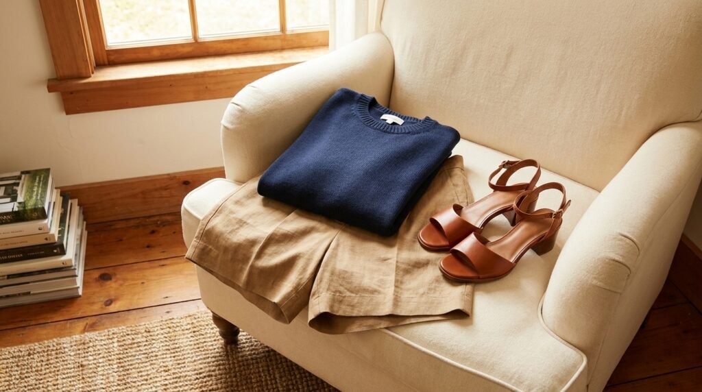 Close up of beige and black cap-toe slingback heels worn with white linen pants at a sunlit cafe.