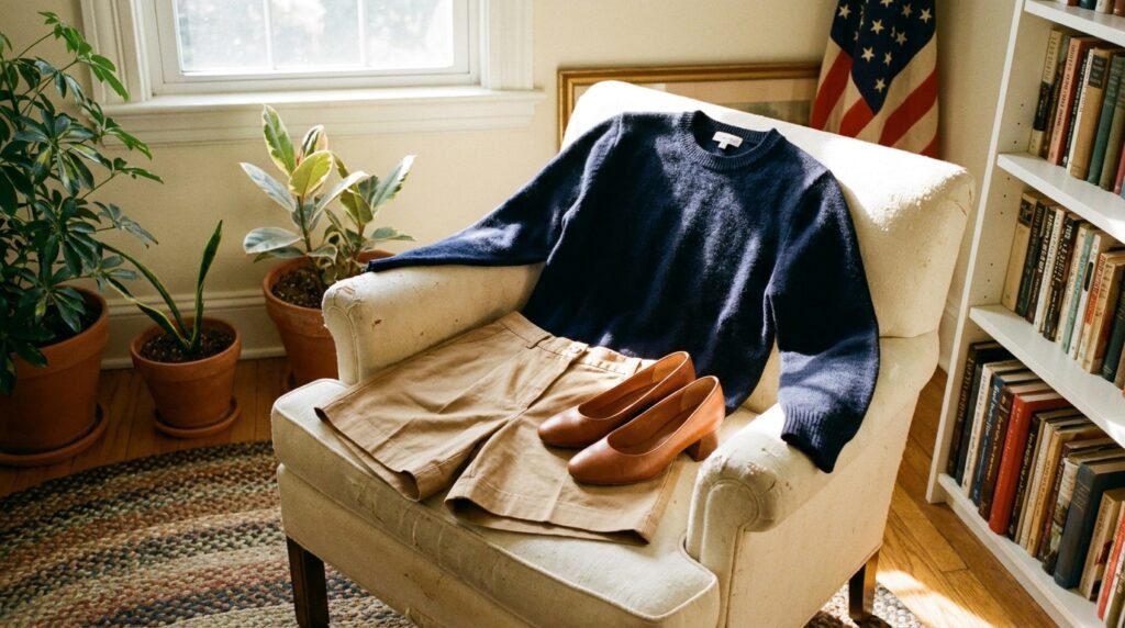 An outfit arrangement on an ivory chair showing a navy sweater, tan shorts, and cognac block heels.