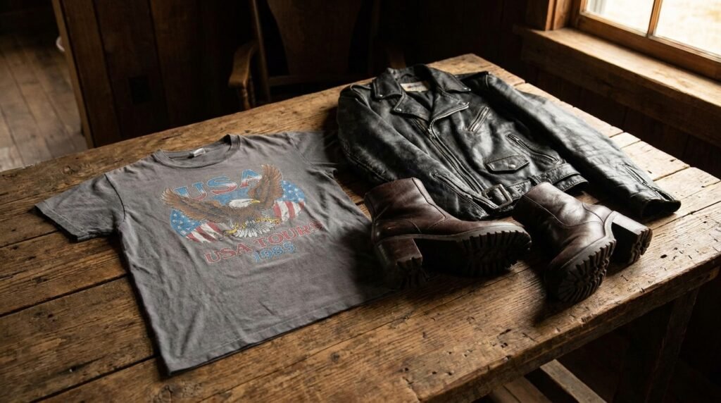 An outfit flat lay on a wooden table featuring a grey graphic t-shirt, a black leather jacket, and chunky cognac heeled boots.