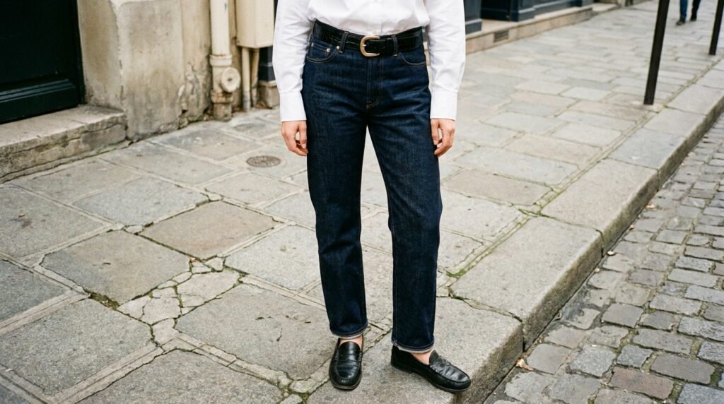 Raw indigo straight-leg jeans with a black croc belt and black leather loafers.