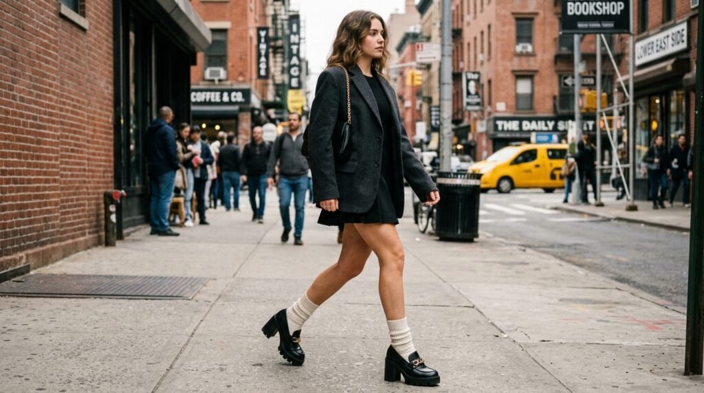 Chunky black leather platform loafer heels worn with white crew socks and a blazer.