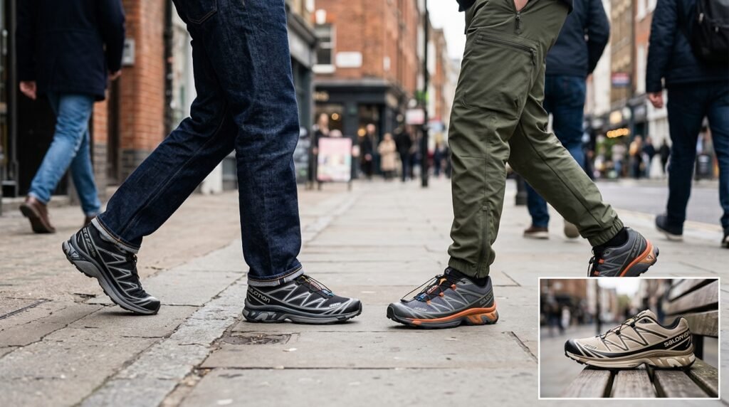 Close-up of pant hems resting over the collar of technical trail sneakers on pavement.