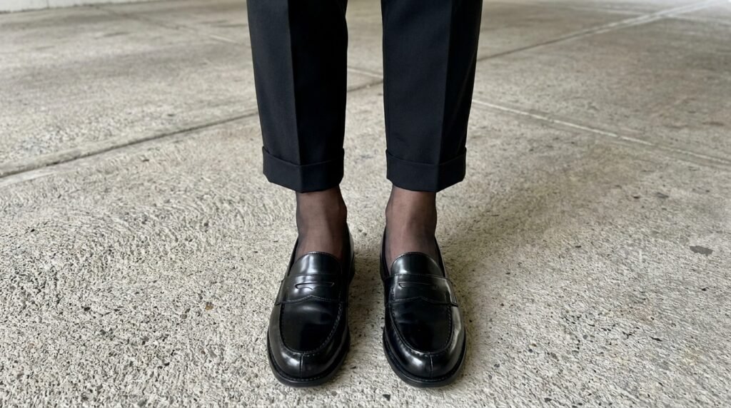 Tailored black cigarette pants worn with sheer black ankle socks and black leather loafers.