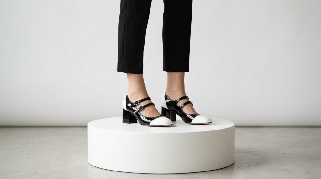 Black and white patent Mary Jane block heels styled with cropped black cigarette pants.