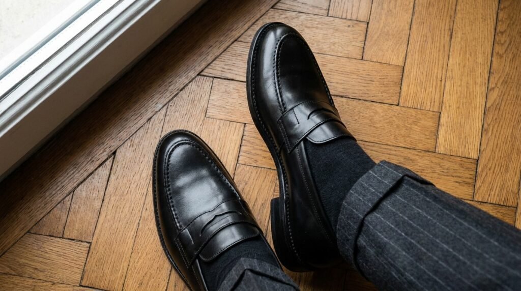 Polished black leather penny loafers resting on an oak parquet floor.