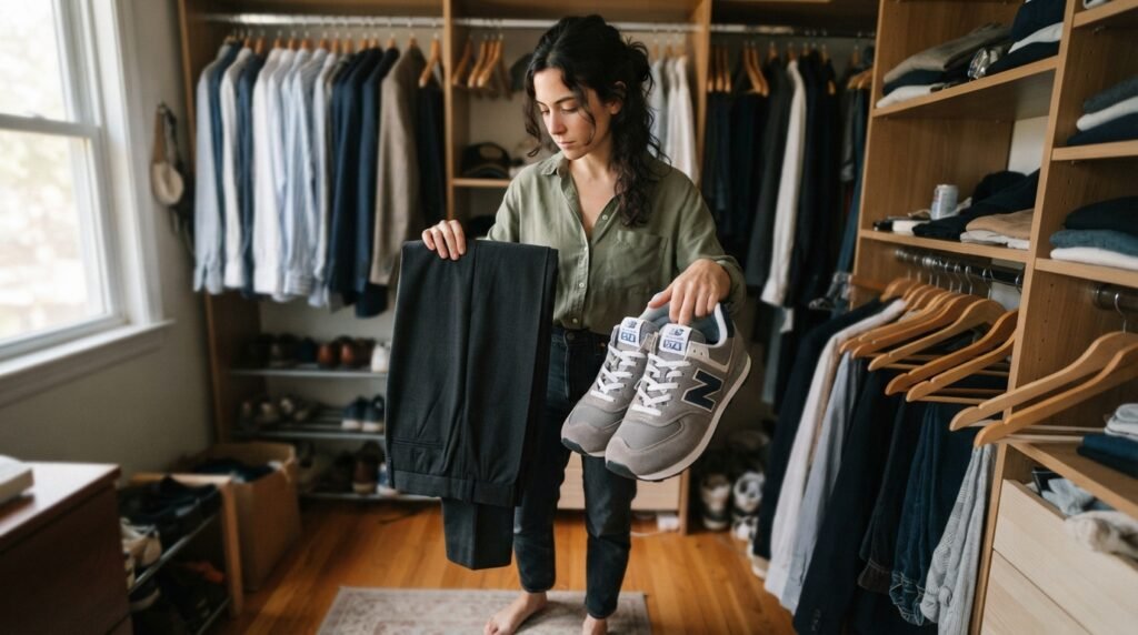 A person holding formal trousers next to casual New Balance 574 sneakers in front of a closet.