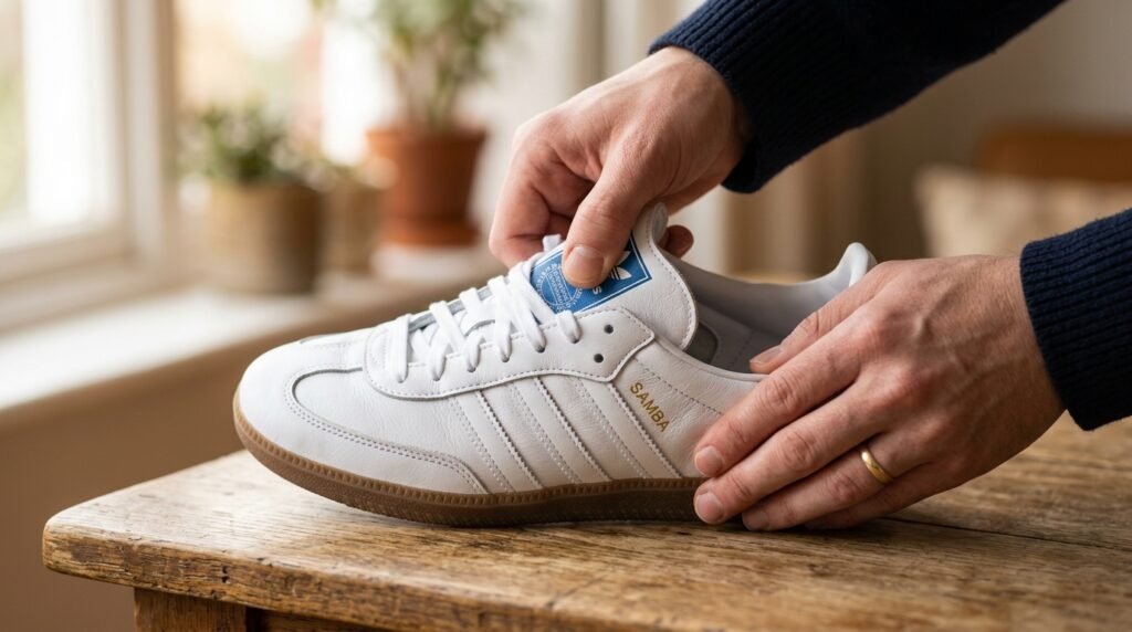 Close-up of hands flexing the leather tongue of an Adidas Samba sneaker to soften the material.