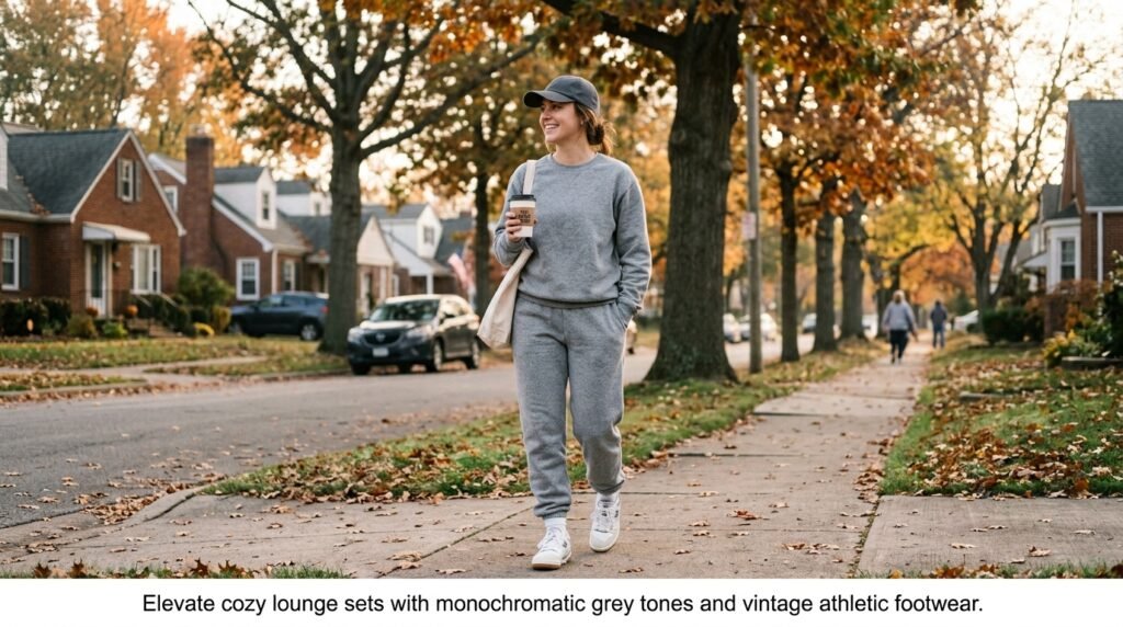 Person standing outside a cafe wearing a grey sweat set, baseball cap, and retro sneakers.