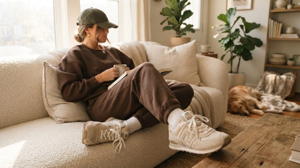 A person wearing a brown sweat suit, a baseball cap, and New Balance 574 sneakers in a sunlit room.