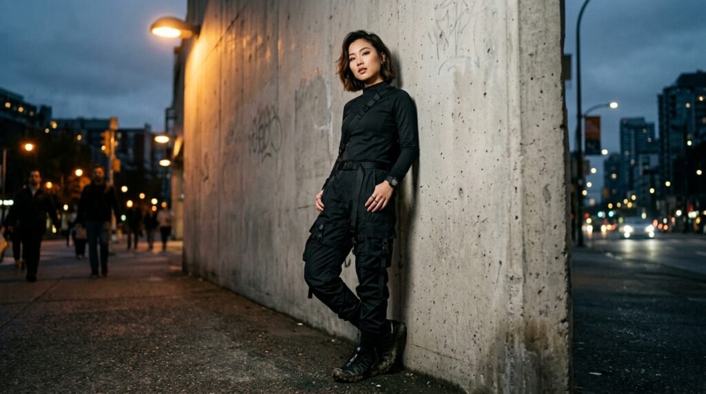 Person standing against a concrete wall wearing black cargo pants and technical sneakers in the evening.