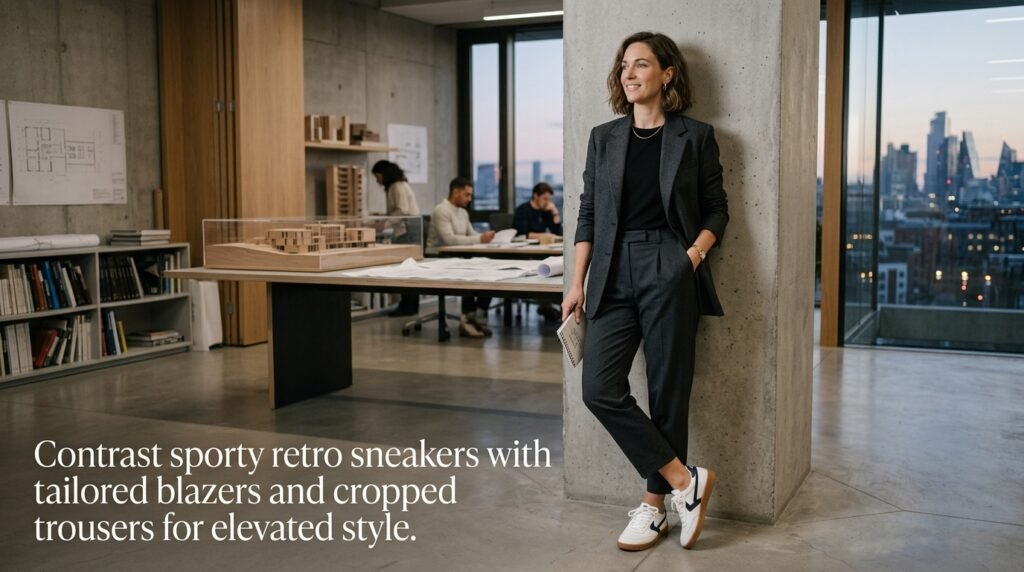 Person in a studio wearing a tailored blazer, cropped pleated trousers, and retro sneakers.