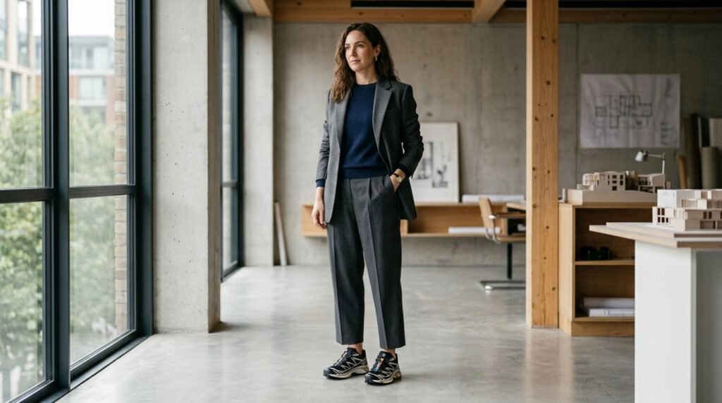 Person in a studio wearing a tailored blazer, cropped pleated trousers, and technical sneakers.