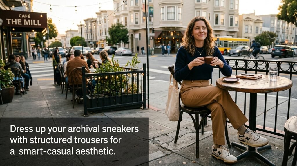 Person sitting at a cafe table wearing camel trousers, a sweater, and retro sneakers.