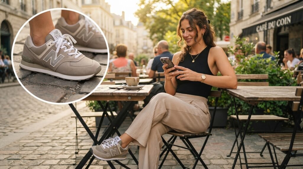 A person sitting at a café table wearing beige wide-leg trousers, a black bodysuit, and New Balance 574 sneakers.