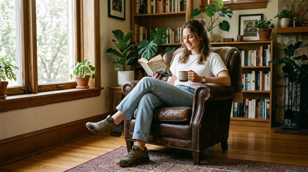 Person sitting in a leather armchair wearing trail sneakers, straight-leg jeans, and a white t-shirt.