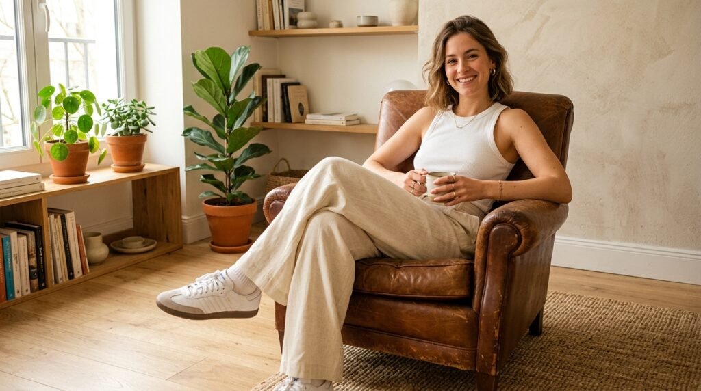 Person sitting in a leather armchair wearing retro court sneakers, wide-leg trousers, and a white tank top.