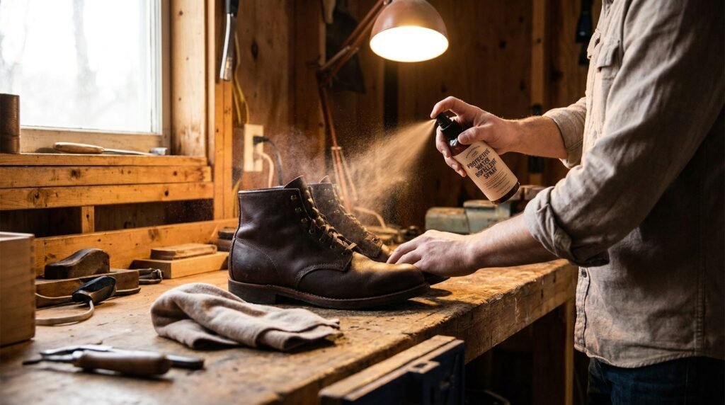 A person applying waterproof spray to a leather boot on a wooden surface.
