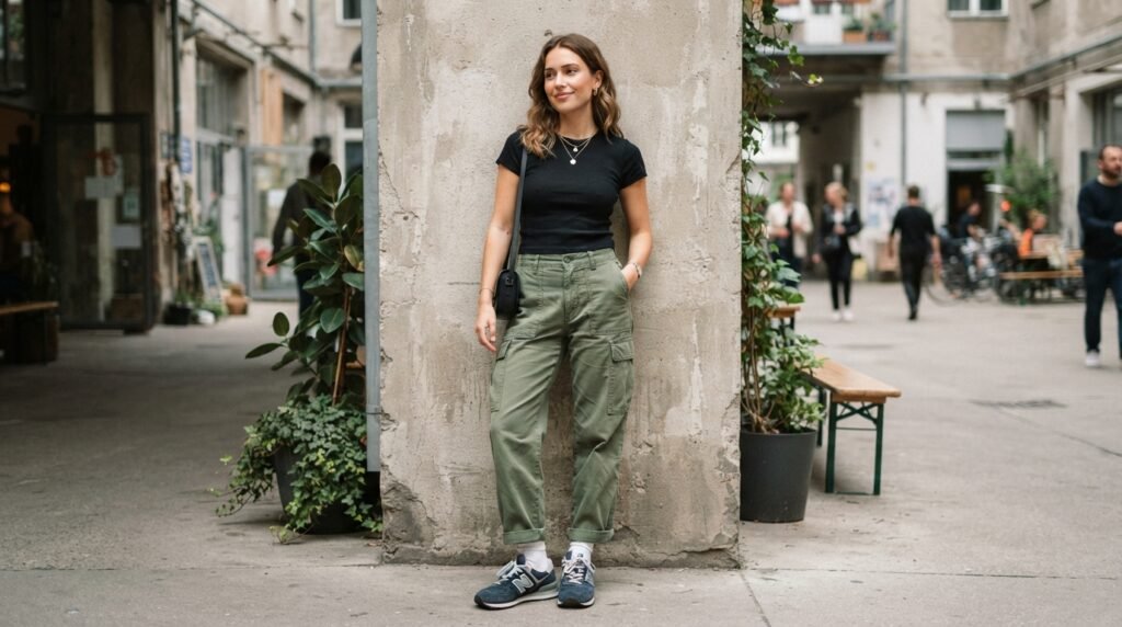 A person leaning against a concrete wall wearing olive cargo pants, a black t-shirt, and New Balance 574 sneakers.