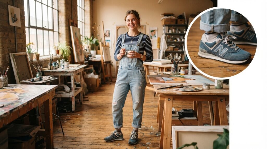 A person standing indoors wearing denim overalls, a striped long-sleeve shirt, and New Balance 574 sneakers.