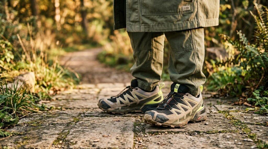 Close-up of feet wearing multi-colorway trail sneakers and olive green utility trousers on a paved path.