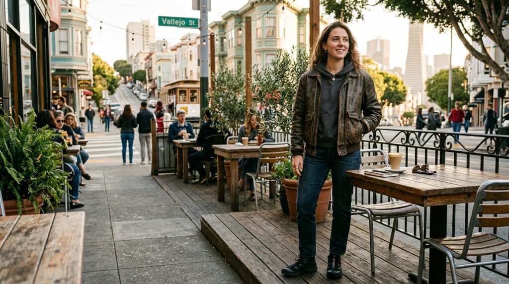 Person on a cafe patio wearing a leather bomber jacket, dark jeans, and technical sneakers.