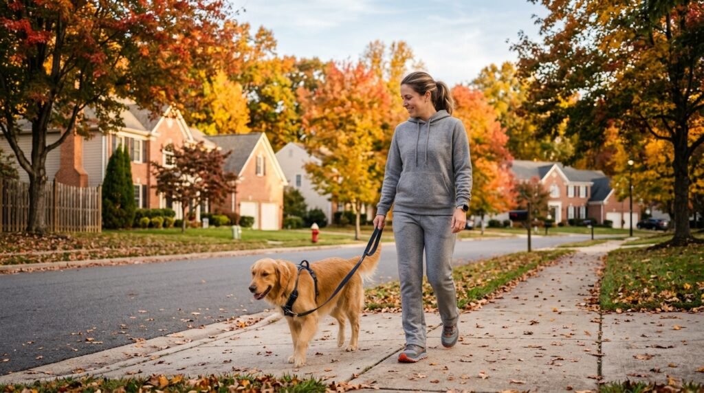 Person walking outdoors in a suburban neighborhood wearing a gray hoodie, matching sweatpants, and trail sneakers.