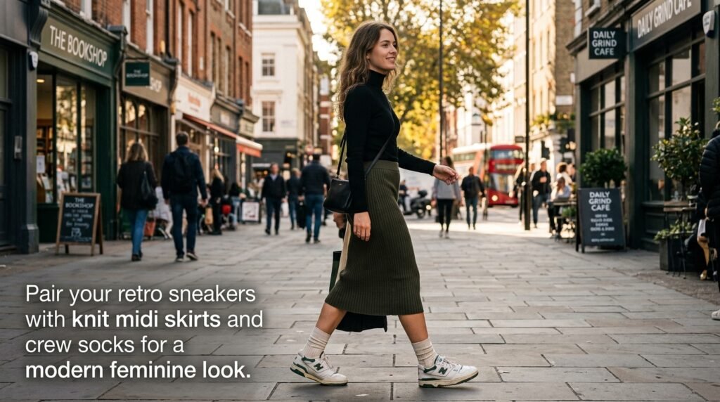 Person walking on a sidewalk wearing a knit midi skirt, black turtleneck, and retro sneakers.