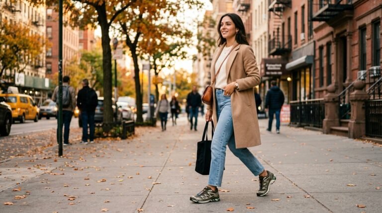 A person walking on a city sidewalk wearing technical trail sneakers, straight-leg jeans, and a camel overcoat during autumn.