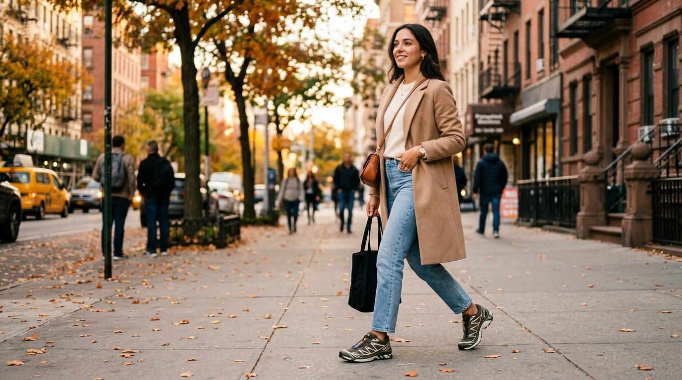 A person walking on a city sidewalk wearing technical trail sneakers, straight-leg jeans, and a camel overcoat during autumn.