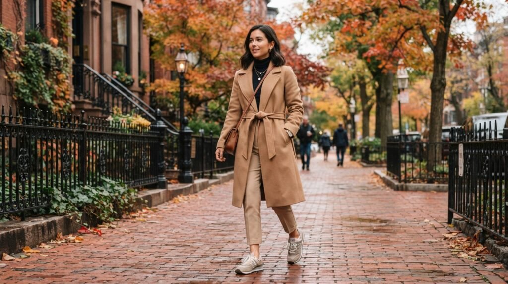 Street style view of a person walking in New Balance 574 sneakers, beige trousers, and a camel trench coat on a sidewalk.