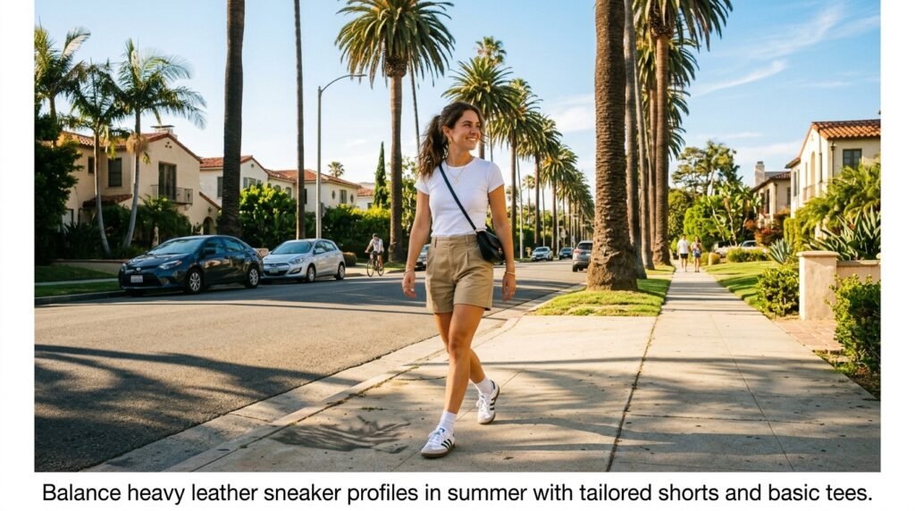 Person walking on a sunny street wearing khaki shorts, a white t-shirt, and retro sneakers.