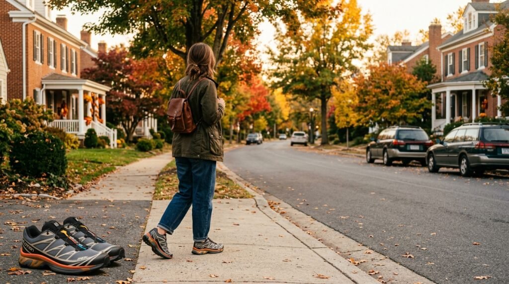 Person walking away down a sunlit suburban street wearing technical sneakers, relaxed denim, and a utility jacket.