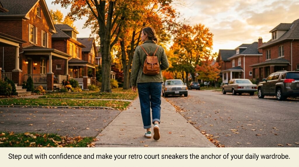 Person walking away down a sunlit suburban street wearing retro sneakers, relaxed denim, and a jacket.