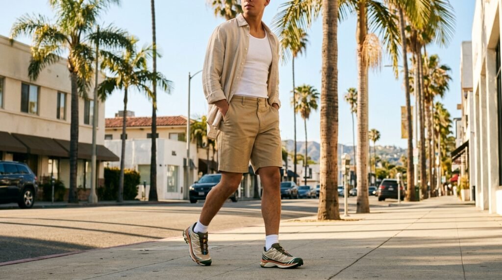 Person walking on a sunny street wearing khaki shorts, an open linen shirt, and technical sneakers.