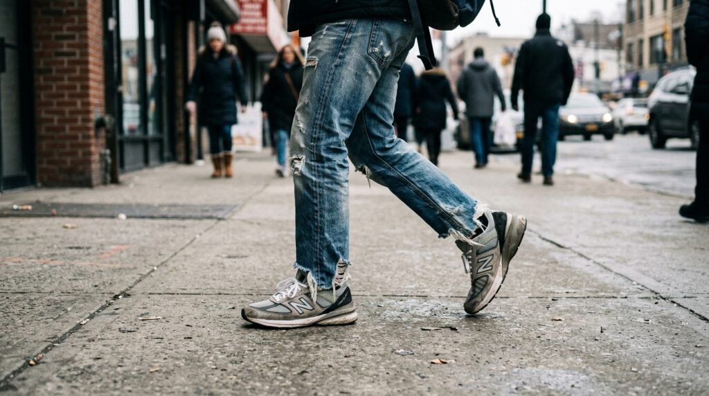 Close-up of legs wearing distressed jeans and sneakers on a sidewalk.
