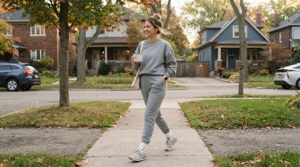 A person walking outside wearing grey joggers, a matching sweatshirt, and New Balance 574 sneakers while holding a coffee cup.