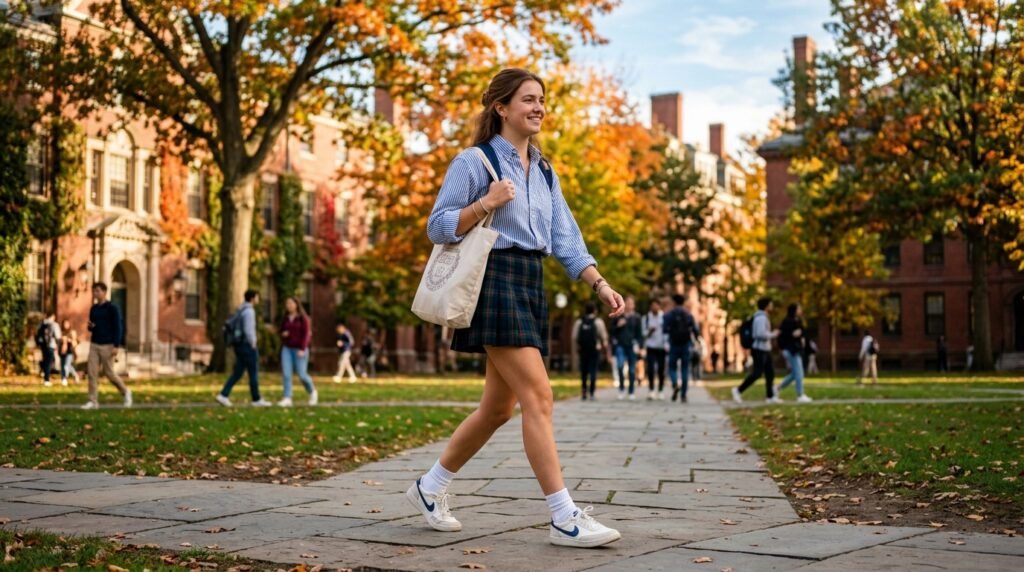 Person walking on a campus green wearing a plaid skirt, striped oxford shirt, and retro sneakers.