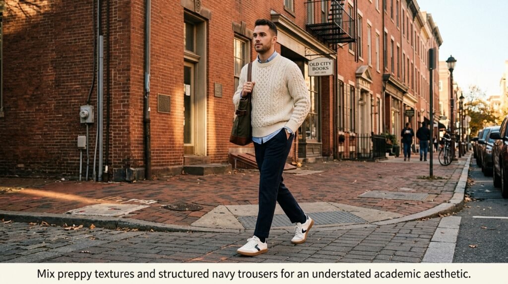 Person walking past a brick building wearing navy trousers, a cable knit sweater, and retro sneakers.