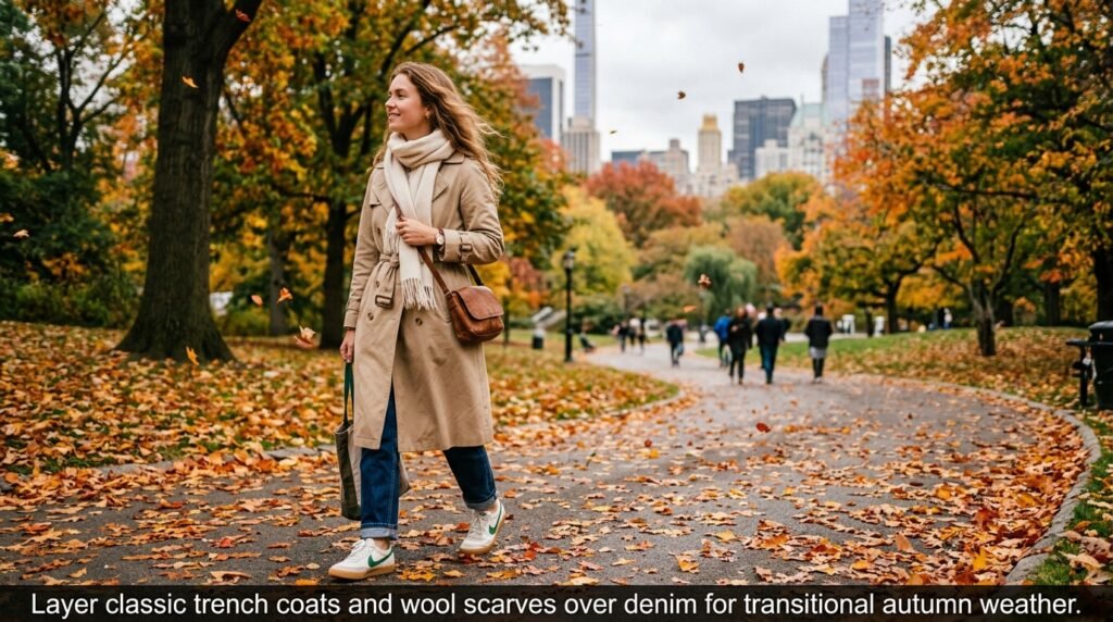 Person walking in a park wearing a trench coat, denim, scarf, and retro sneakers.