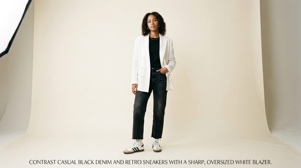 Person standing in a studio wearing black jeans, a white blazer, and retro court sneakers.