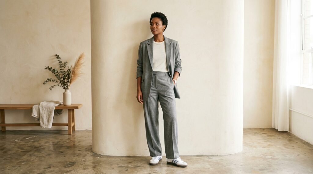 A person wearing a gray pantsuit and white leather sneakers in a bright studio setting.
