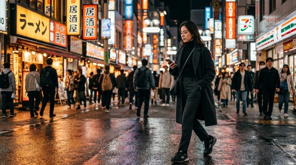 Person walking at night under storefront lights wearing a black turtleneck, dark trousers, and technical sneakers.