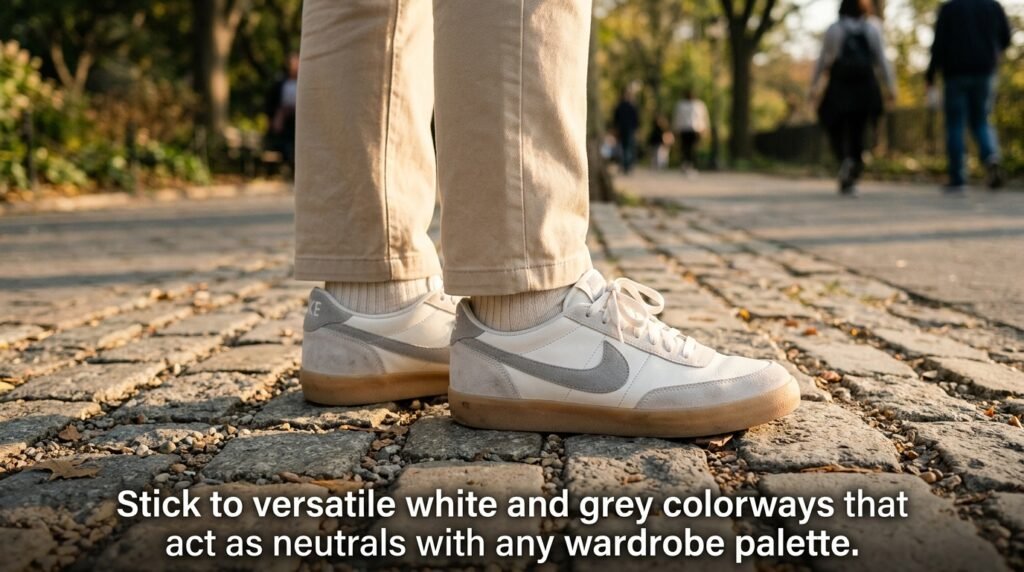 Close-up of feet wearing white and grey retro court sneakers and beige trousers on a paved path.