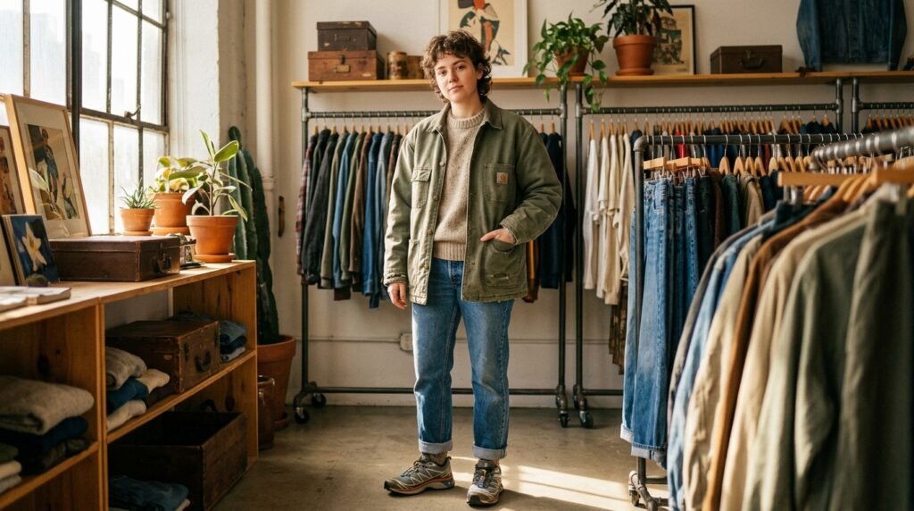 Person in a vintage loft wearing a thrifted work jacket, sweater, denim, and technical sneakers.