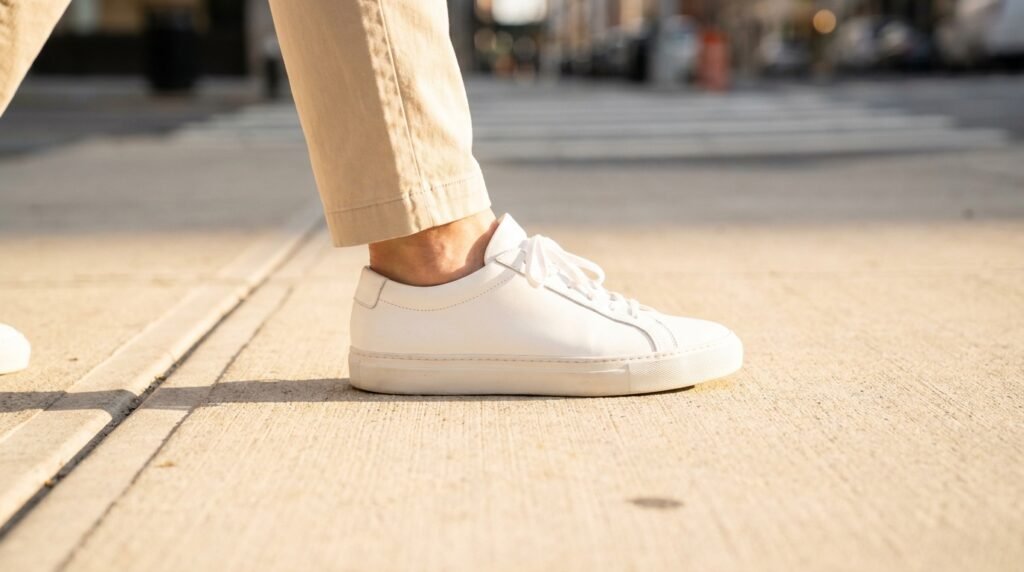 Close up of a person's foot wearing a clean white leather sneaker walking on a bright sidewalk.