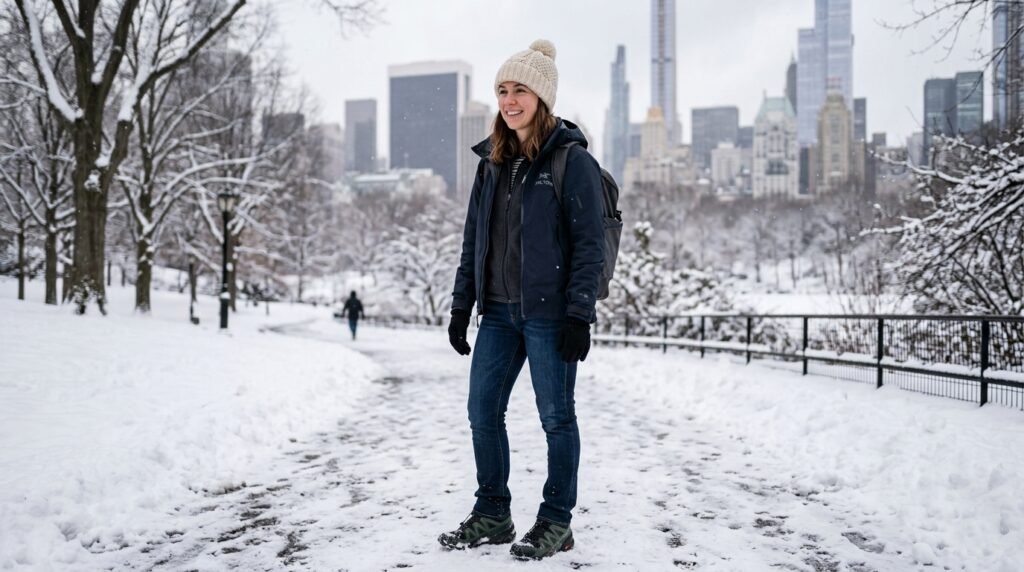 Person in a snowy park wearing a shell jacket, beanie, dark jeans, and weather-resistant trail sneakers.