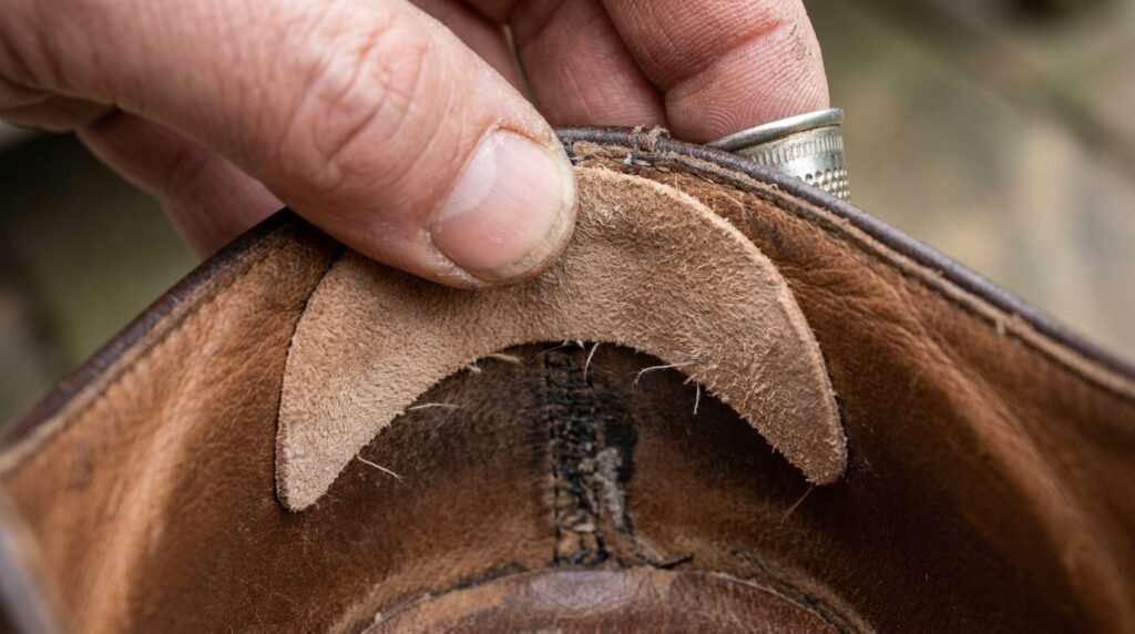 Placing soft protective moleskin adhesive over a stiff seam inside a high heel.