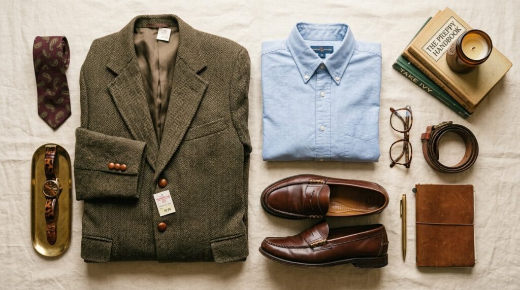Thrifted preppy items including a blazer, button-down shirt, and loafers arranged on a surface.