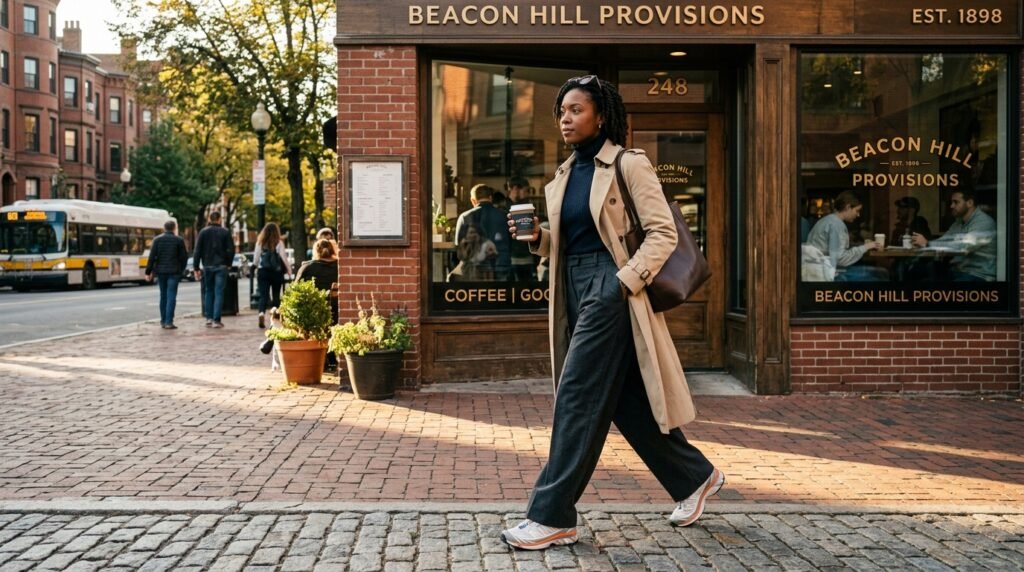 Person walking near a storefront wearing pleated wool trousers, a trench coat, and technical sneakers.