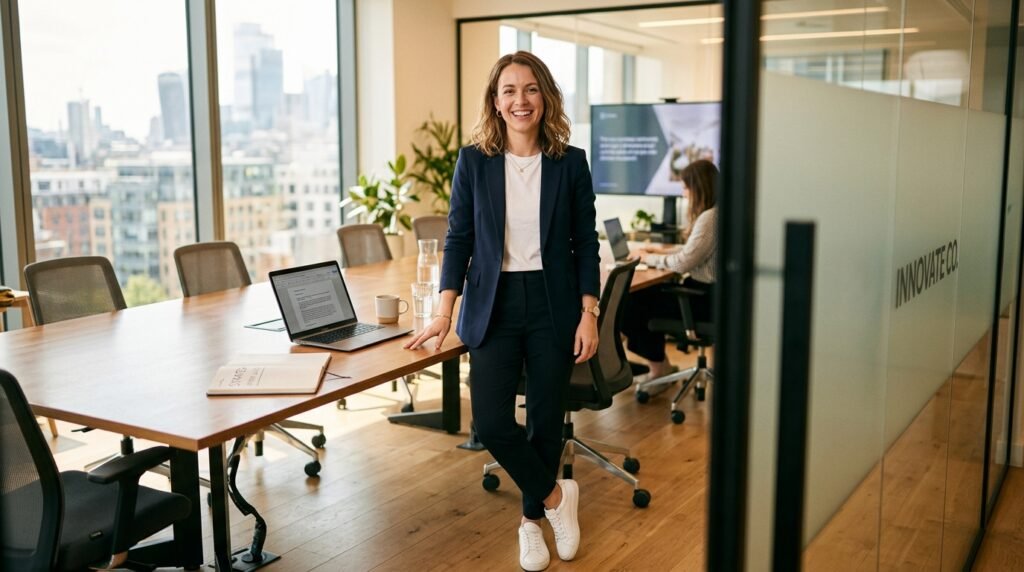 A professional woman smiling in a conference room while wearing a blazer and leather sneakers.